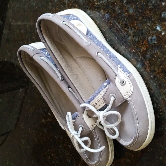 Sperry Top-Sider Sequin Leather Moccasin Shoes 6.5M Tan Gray - Picture 2 of 16